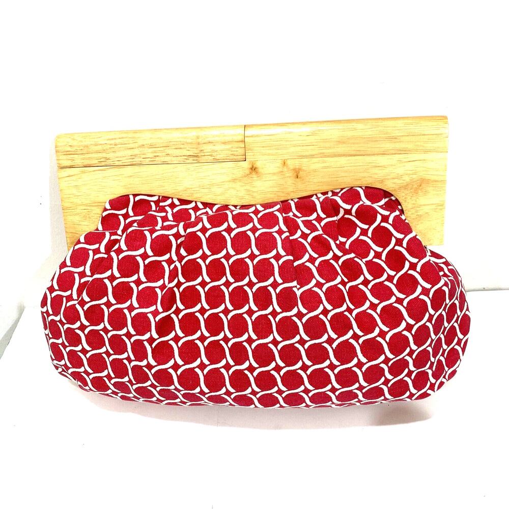 Old Navy Fabric Red White Clutch Purse Wooden Handle Magnetic Clasp Preppy Chic